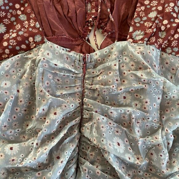 Free People Tessa Storm Combo Boho Floral Print Ruched Mini Dress Size Medium - Picture 10 of 10